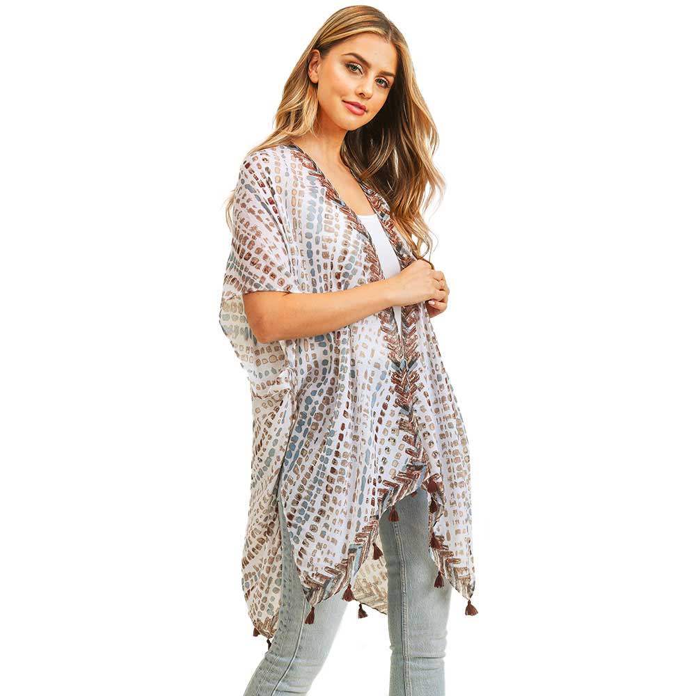 Multi Dash Pattern Tassel Cover Up Kimono Poncho - Madeline Love - Flyclothing LLC
