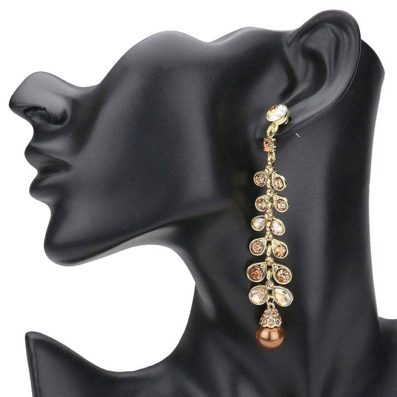 Stone Embellished Leaf Pearl Link Dangle Evening Earrings - Madeline Love - Flyclothing LLC