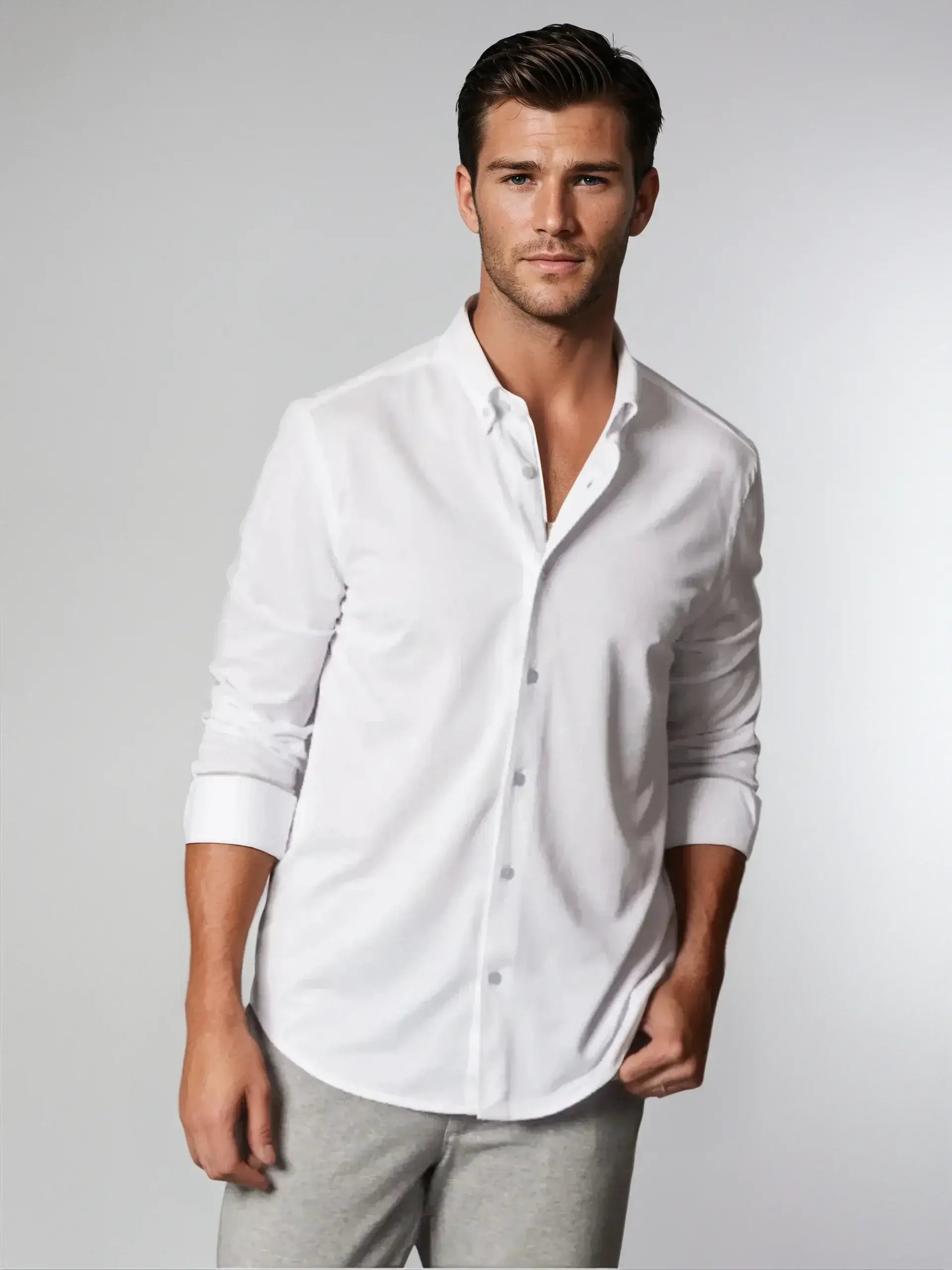 Classic White Long Sleeve Button Down Tech Shirt - Buki - Flyclothing LLC