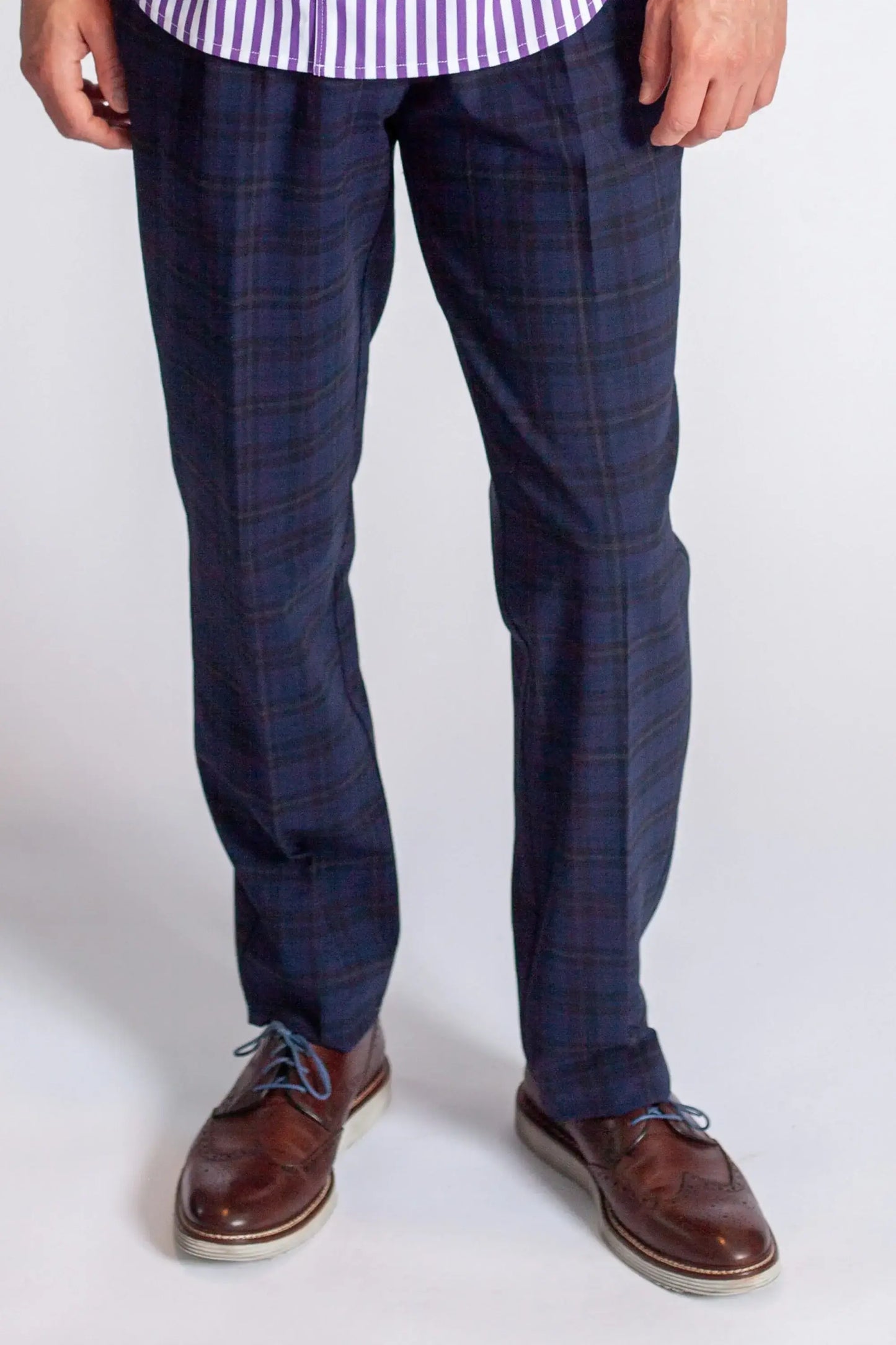 Pleated Wool Trouser Pants - Navy Plaid - Buki - Flyclothing LLC