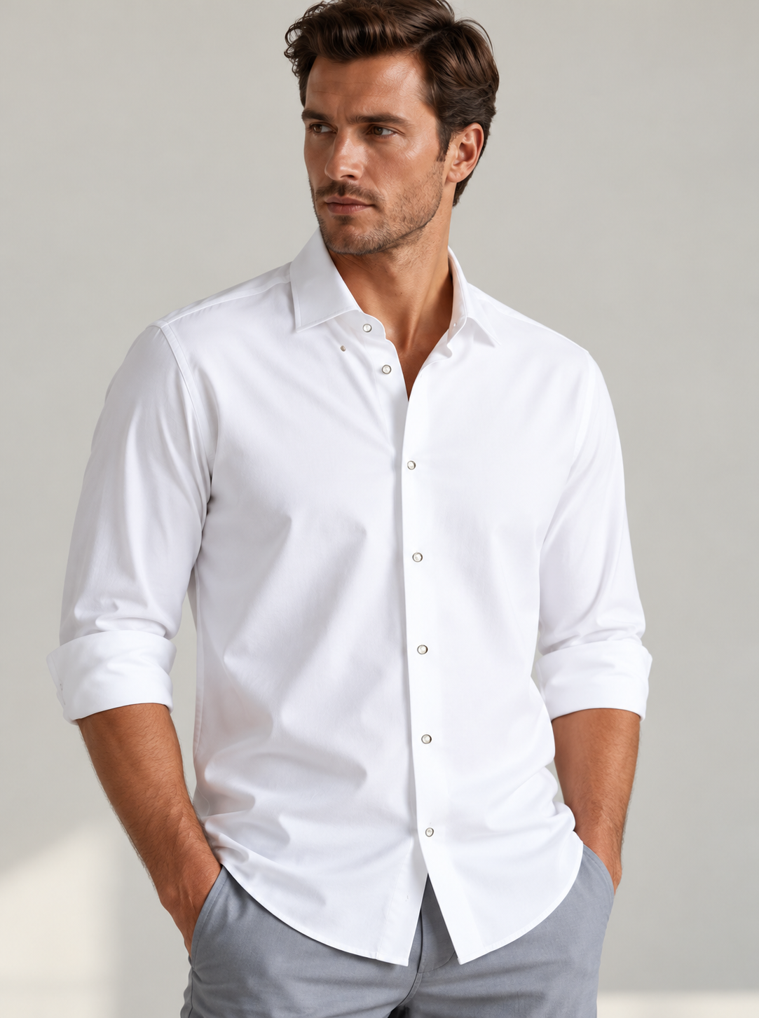 Single Shot Button Front Long Sleeve Shirt - White - Buki - Flyclothing LLC