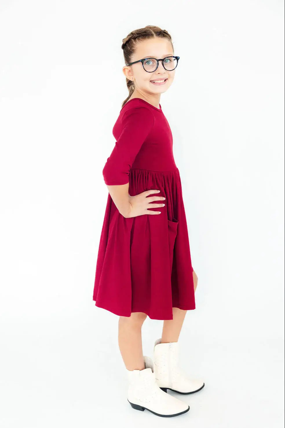 Burgundy 3/4 Sleeve Pocket Twirl Dress - Mila & Rose ® - Flyclothing LLC