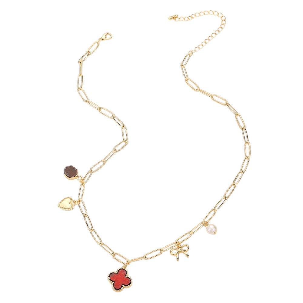 Quatrefoil Bow Heart Pearl Charm Station Paperclip Chain Necklace - Madeline Love - Flyclothing LLC
