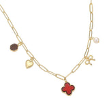 Quatrefoil Bow Heart Pearl Charm Station Paperclip Chain Necklace - Madeline Love - Flyclothing LLC