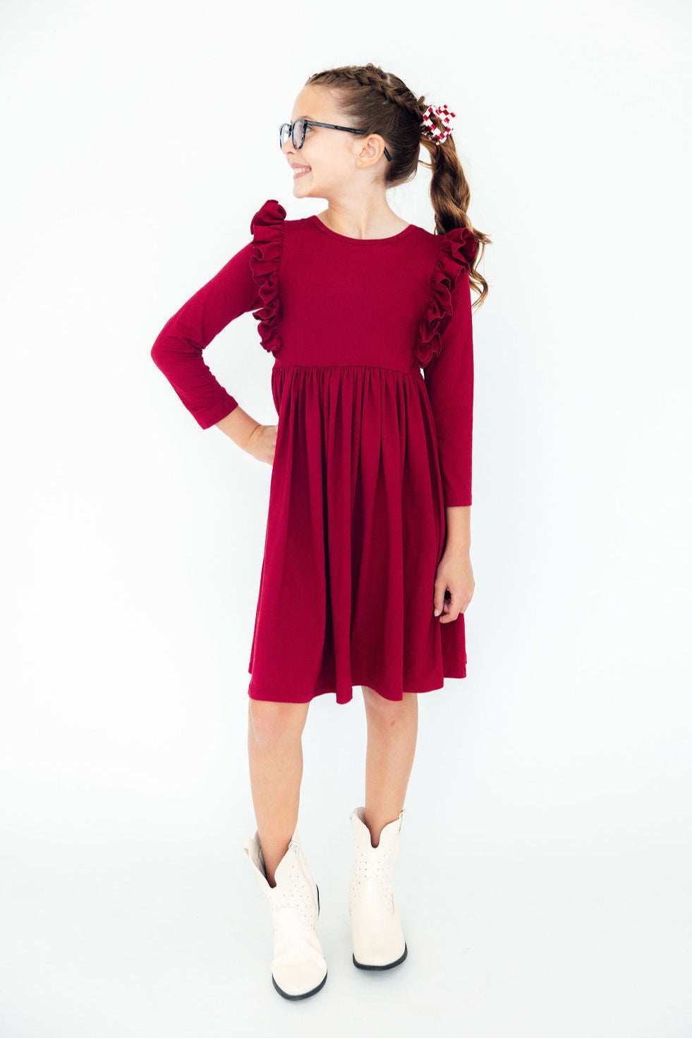 Burgundy L/S Ruffle Twirl Dress - Mila & Rose ® - Flyclothing LLC