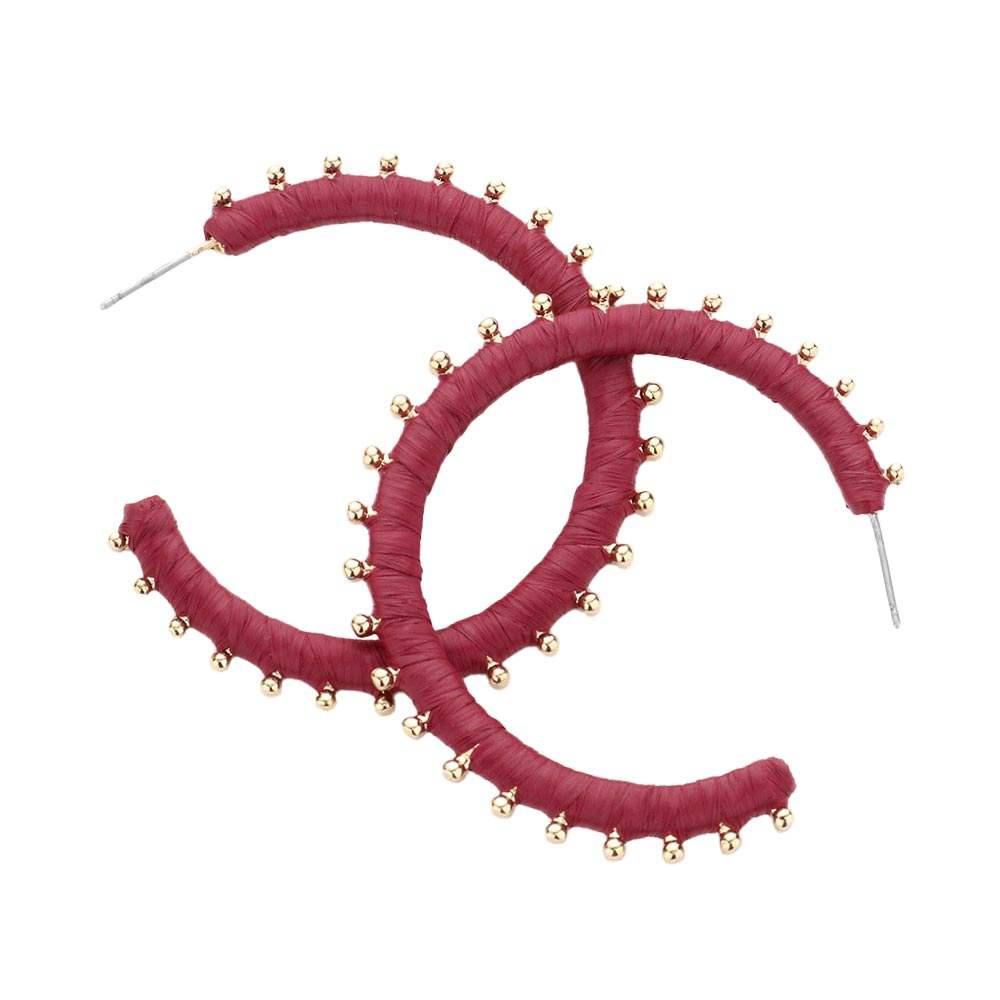 Metal Ball Trimmed Raffia Wrapped Hoop Earrings - Madeline Love - Flyclothing LLC