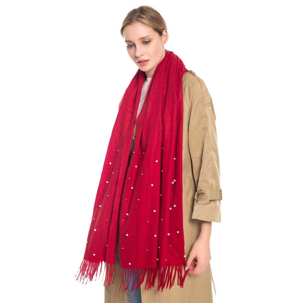Pearl Embellished Solid Oblong Scarf - Madeline Love - Flyclothing LLC