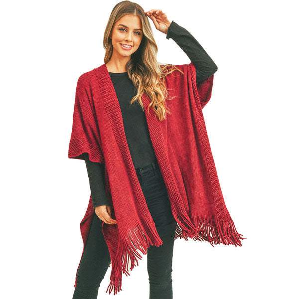 Trim Detail Fringe Kimono Poncho Wrap - Madeline Love - Flyclothing LLC