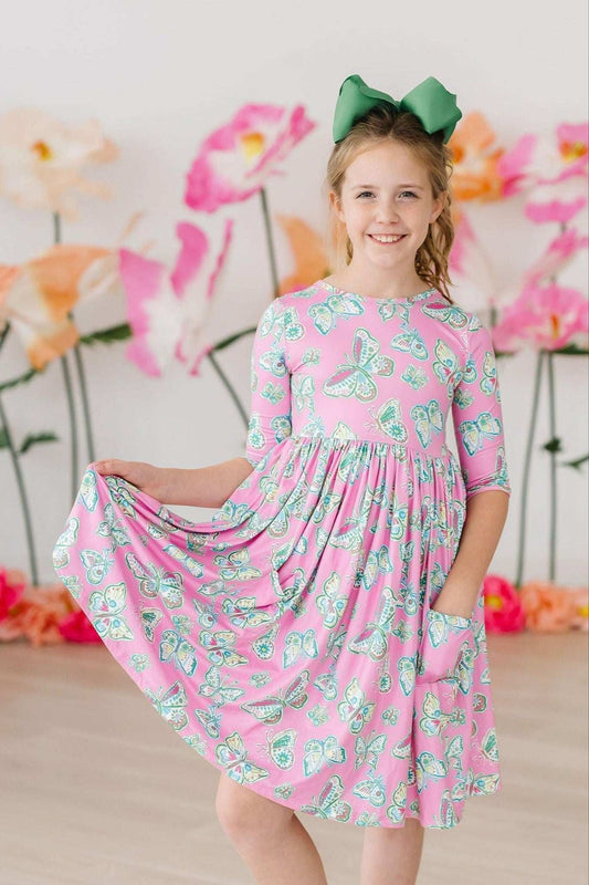 Butterfly Garden 3/4 Sleeve Pocket Twirl Dress - Mila & Rose ® - Flyclothing LLC