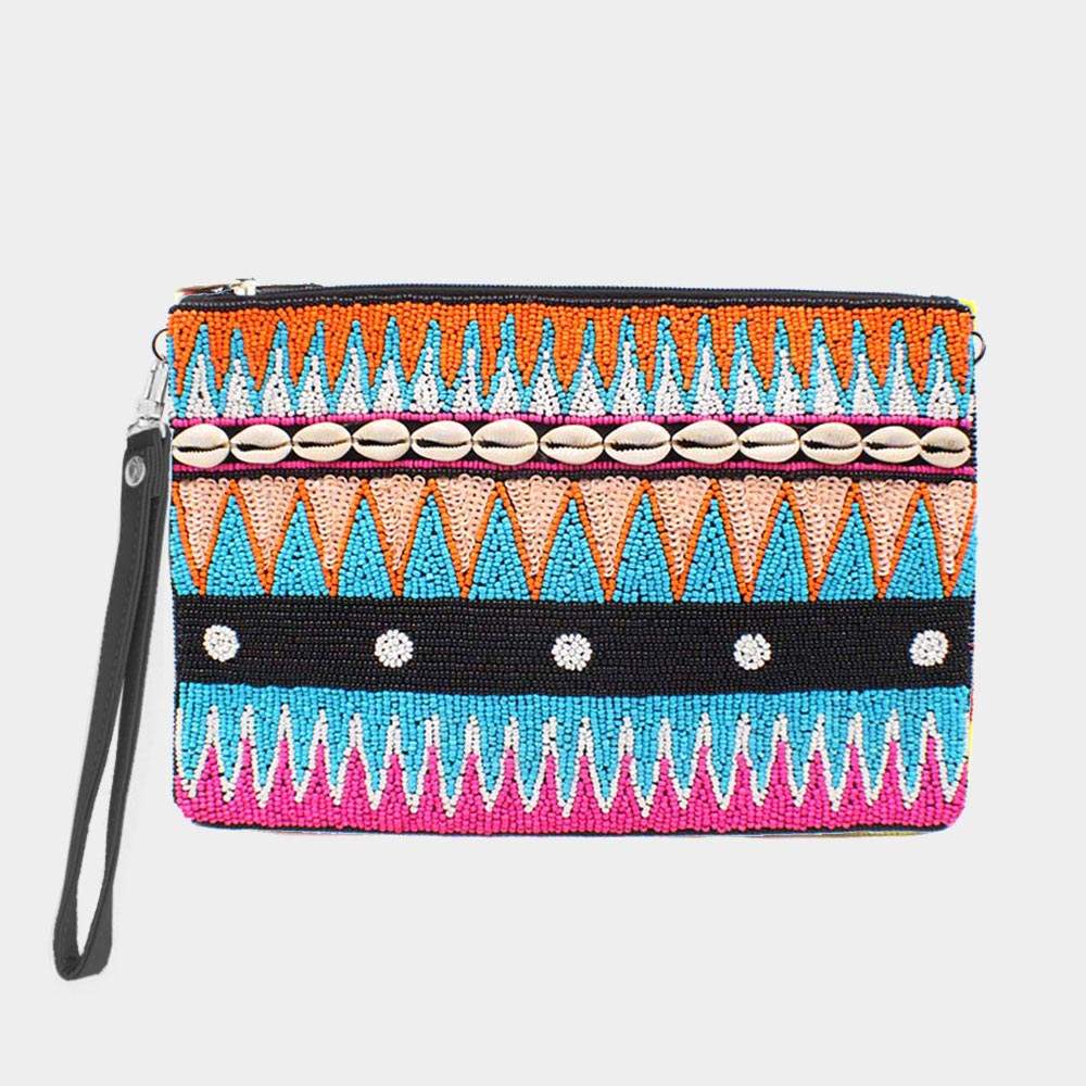 Puka Shell Point Sequin Seed Beaded Wristlet Clutch Bag - Madeline Love - Flyclothing LLC
