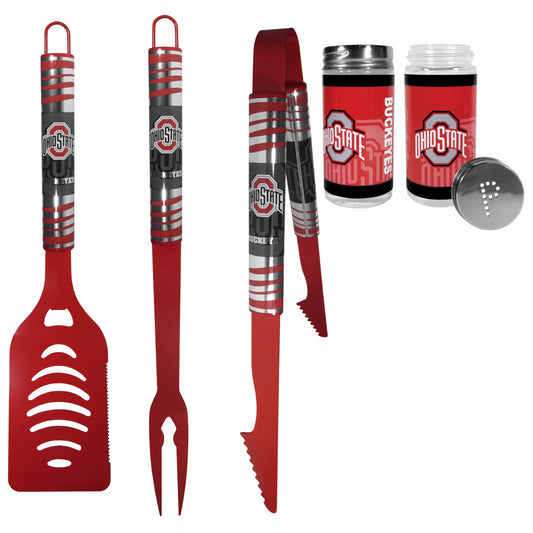 Ohio St. Buckeyes 3pc Color BBQ Tools w/Salt & Pepper Shakers - Ohio St. Buckeyes