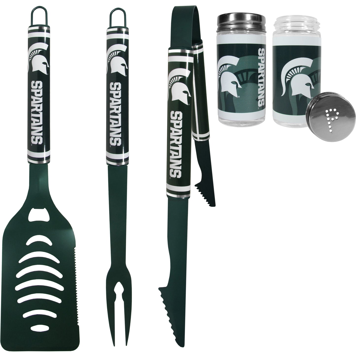 Michigan St. Spartans 3 pc Logo BBQ Tools w/Shakers