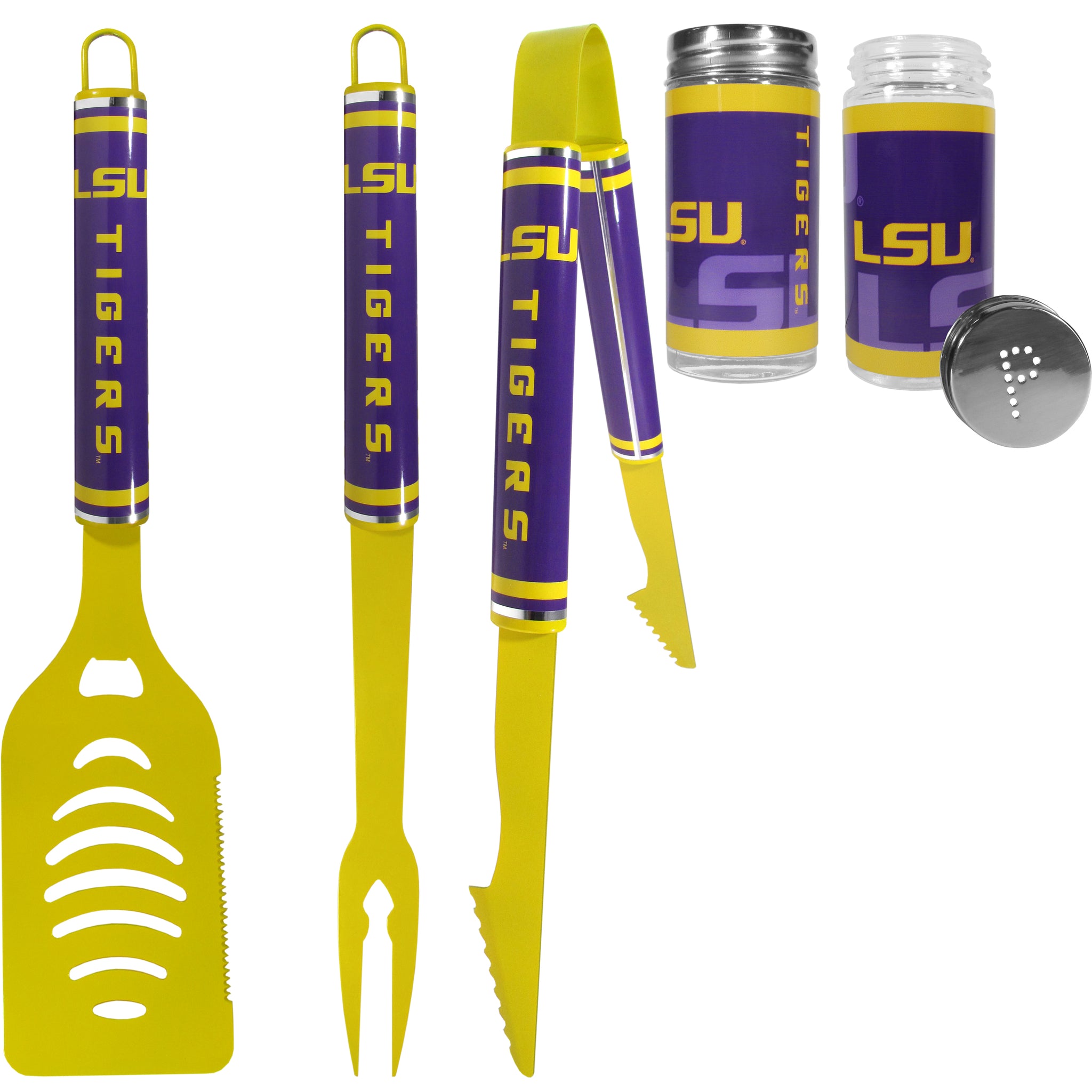 LSU Tigers 3 pc Logo BBQ Tools w/Shakers