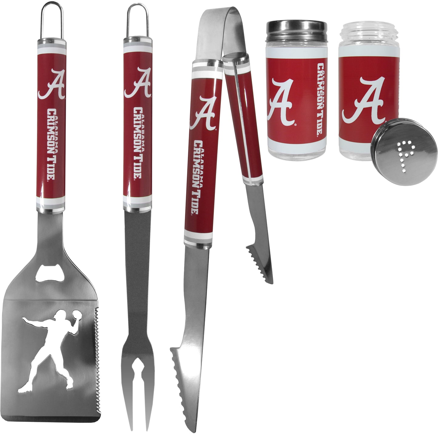 Alabama Crimson Tide 3 pc Steel Logo BBQ Tools w/Shakers