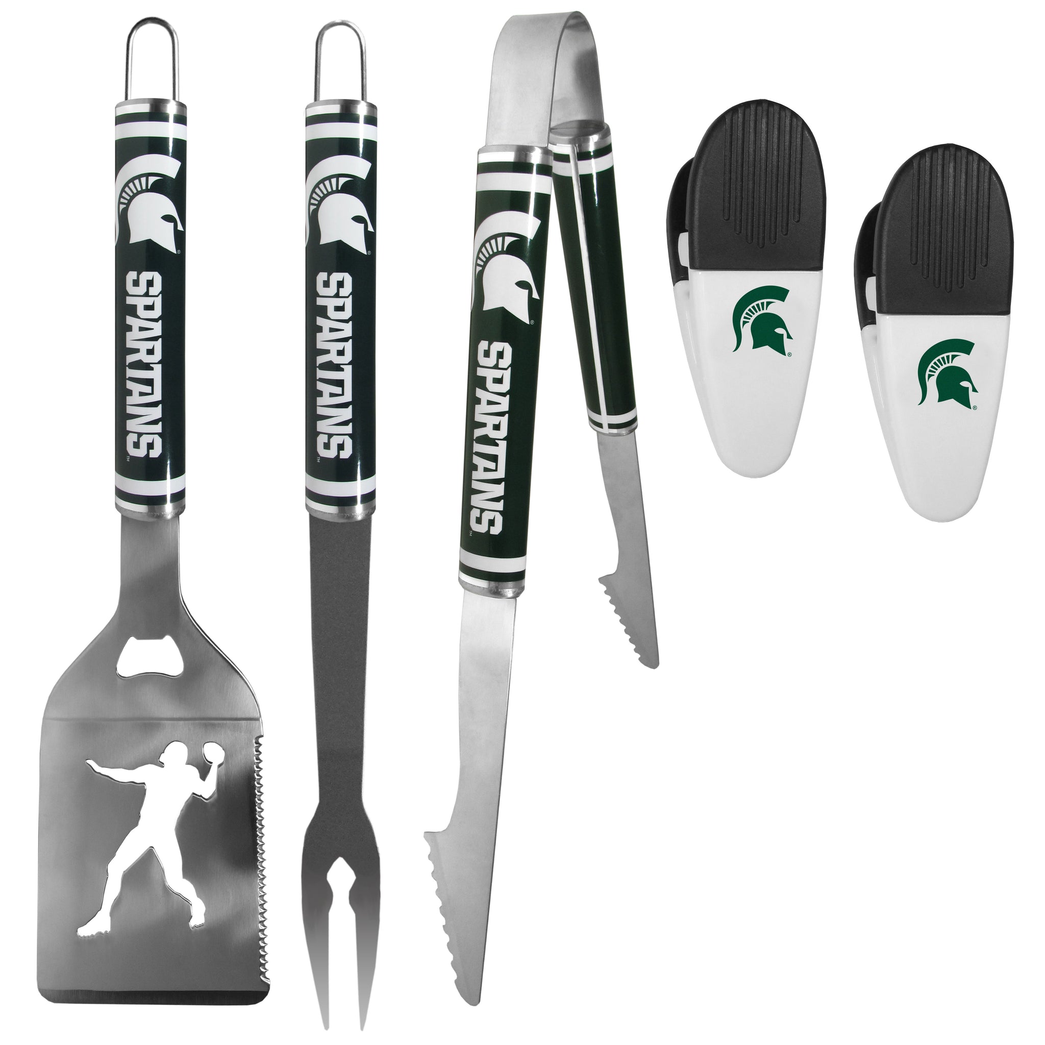 Michigan St. Spartans 3 pc Steel Logo BBQ Tools w/Chip Clips