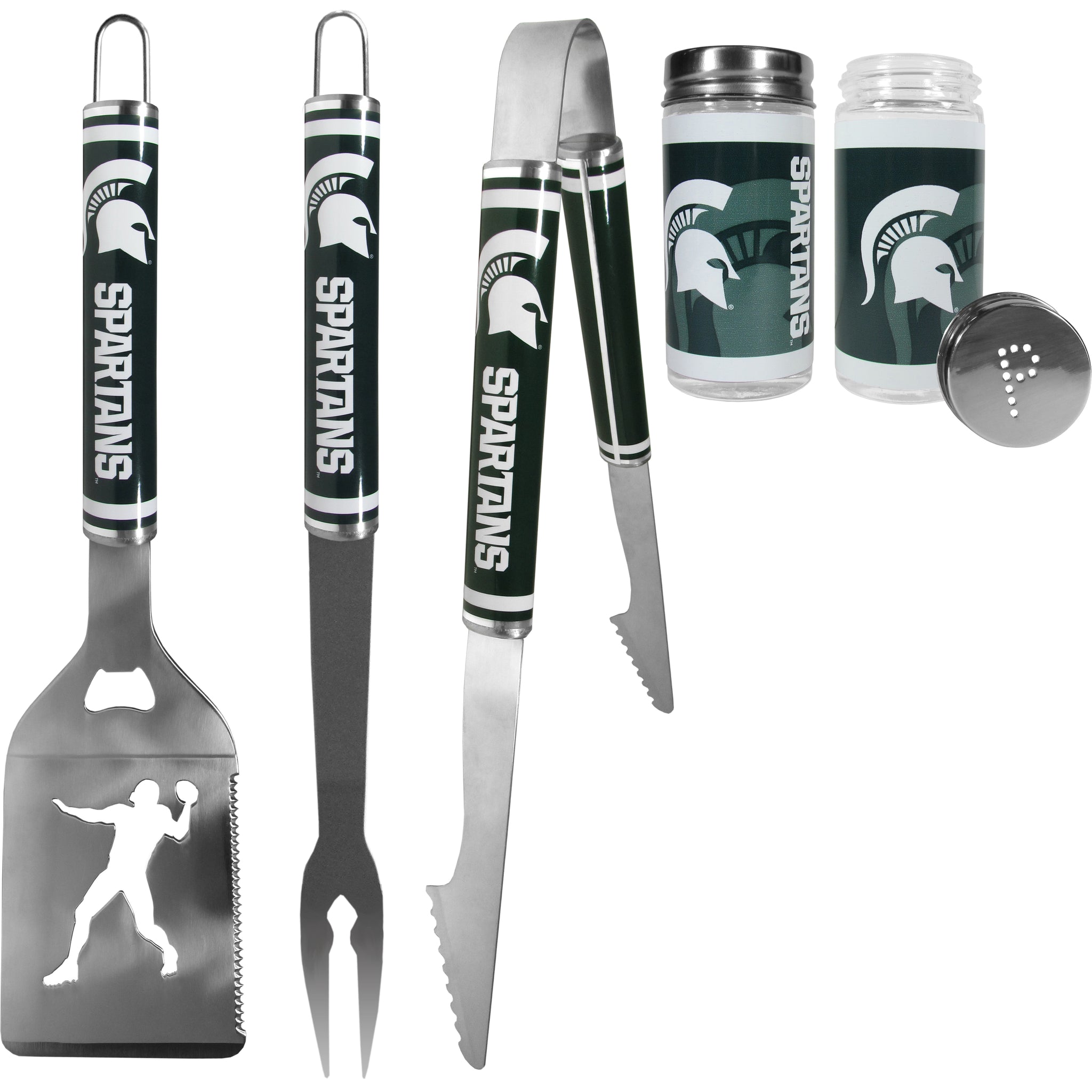 Michigan St. Spartans 3 pc Steel Logo BBQ Tools w/Shakers