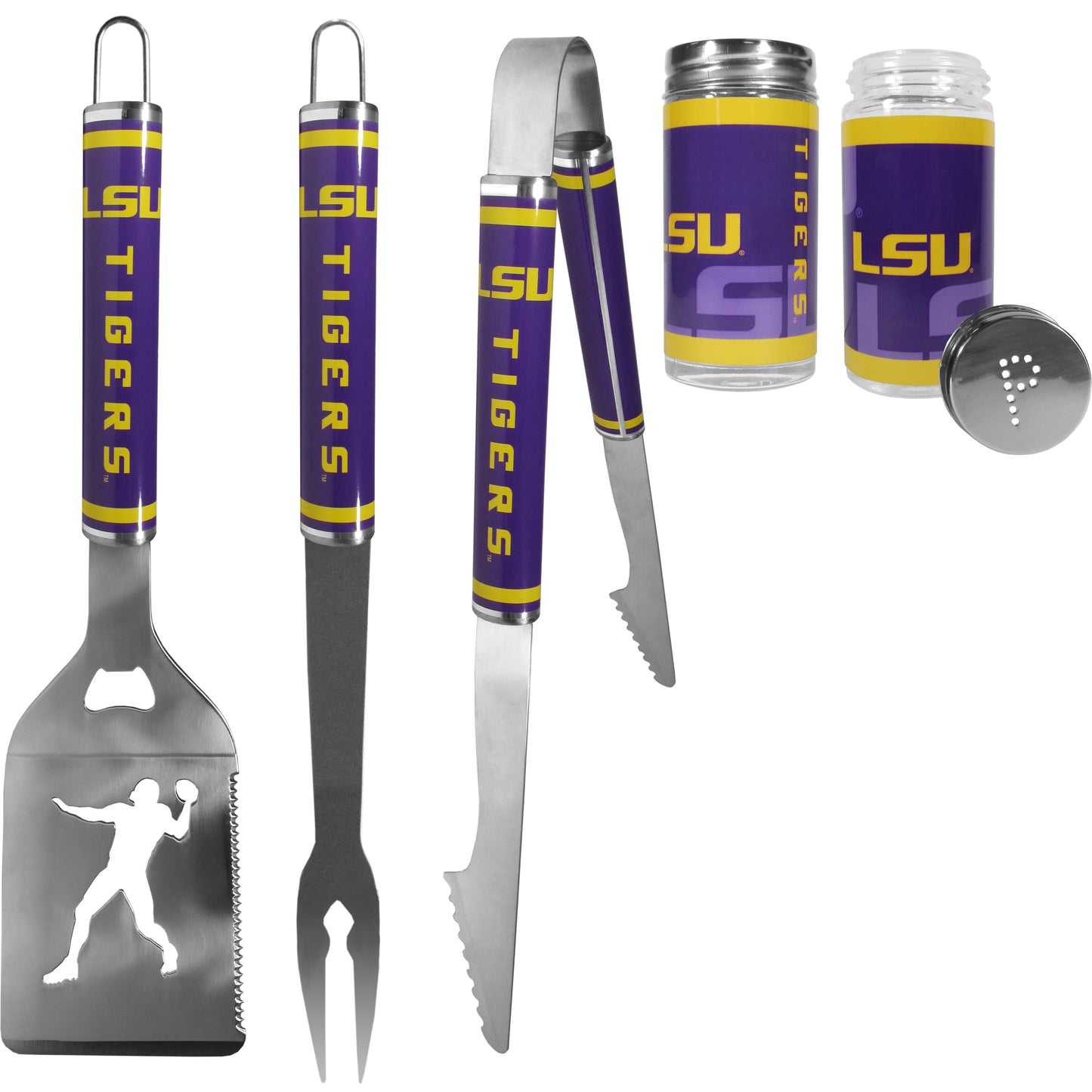 LSU Tigers 3 pc Steel Logo BBQ Tools w/Shakers