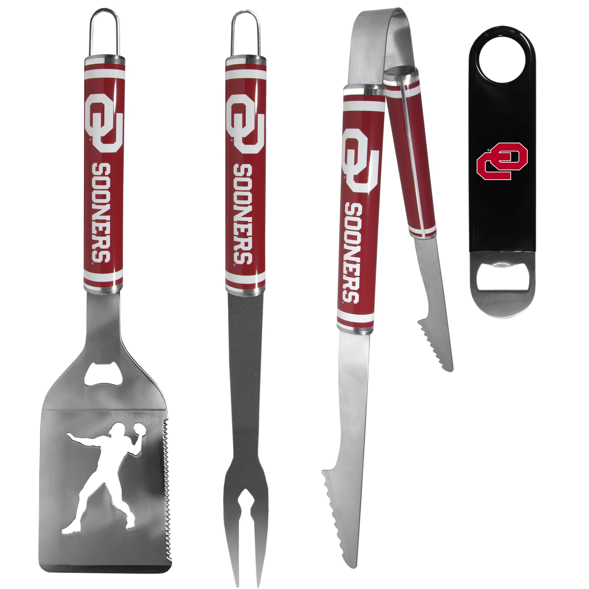 Oklahoma Sooners 3 pc Steel Logo BBQ Tools w/Bottle Opener