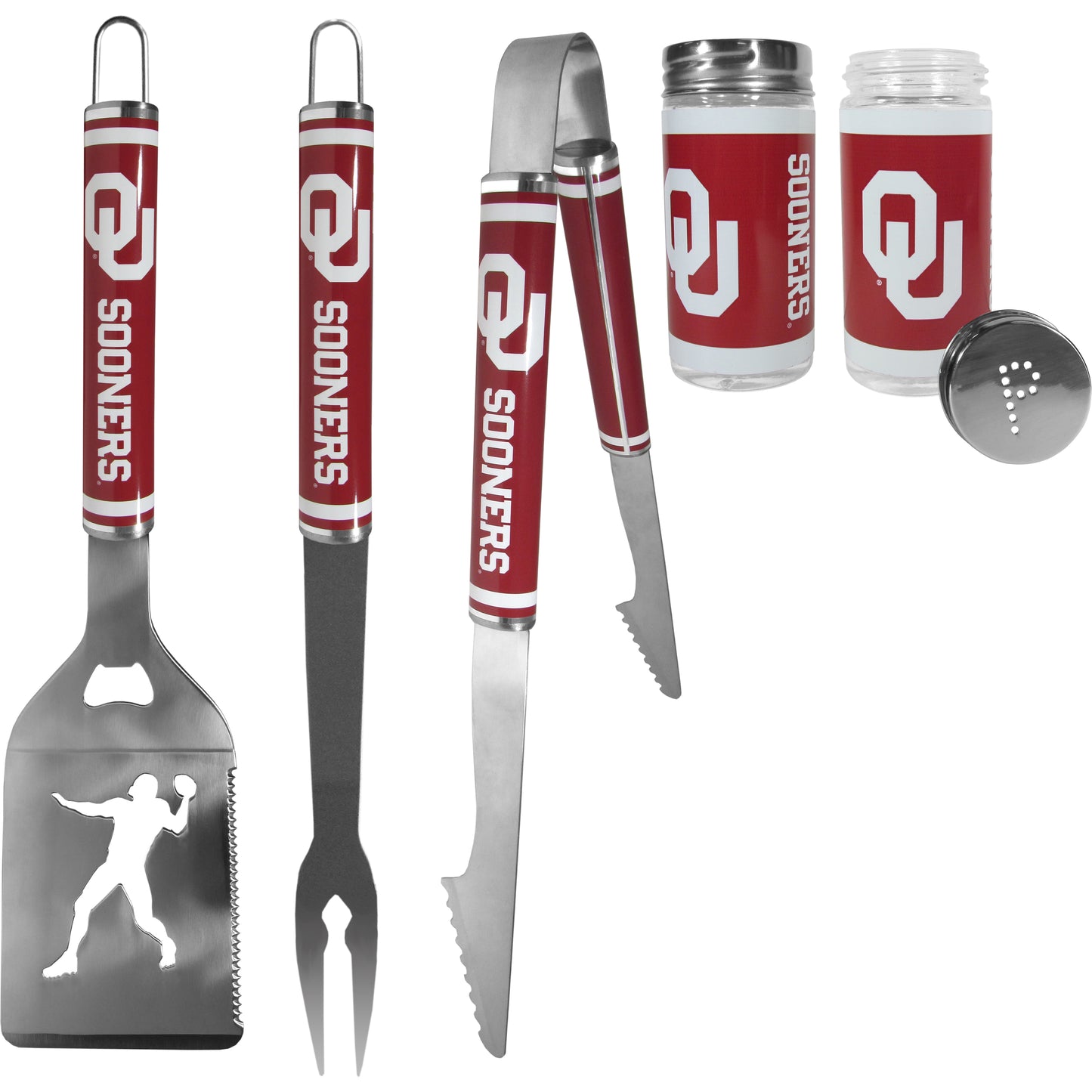 Oklahoma Sooners 3 pc Steel Logo BBQ Tools w/Shakers