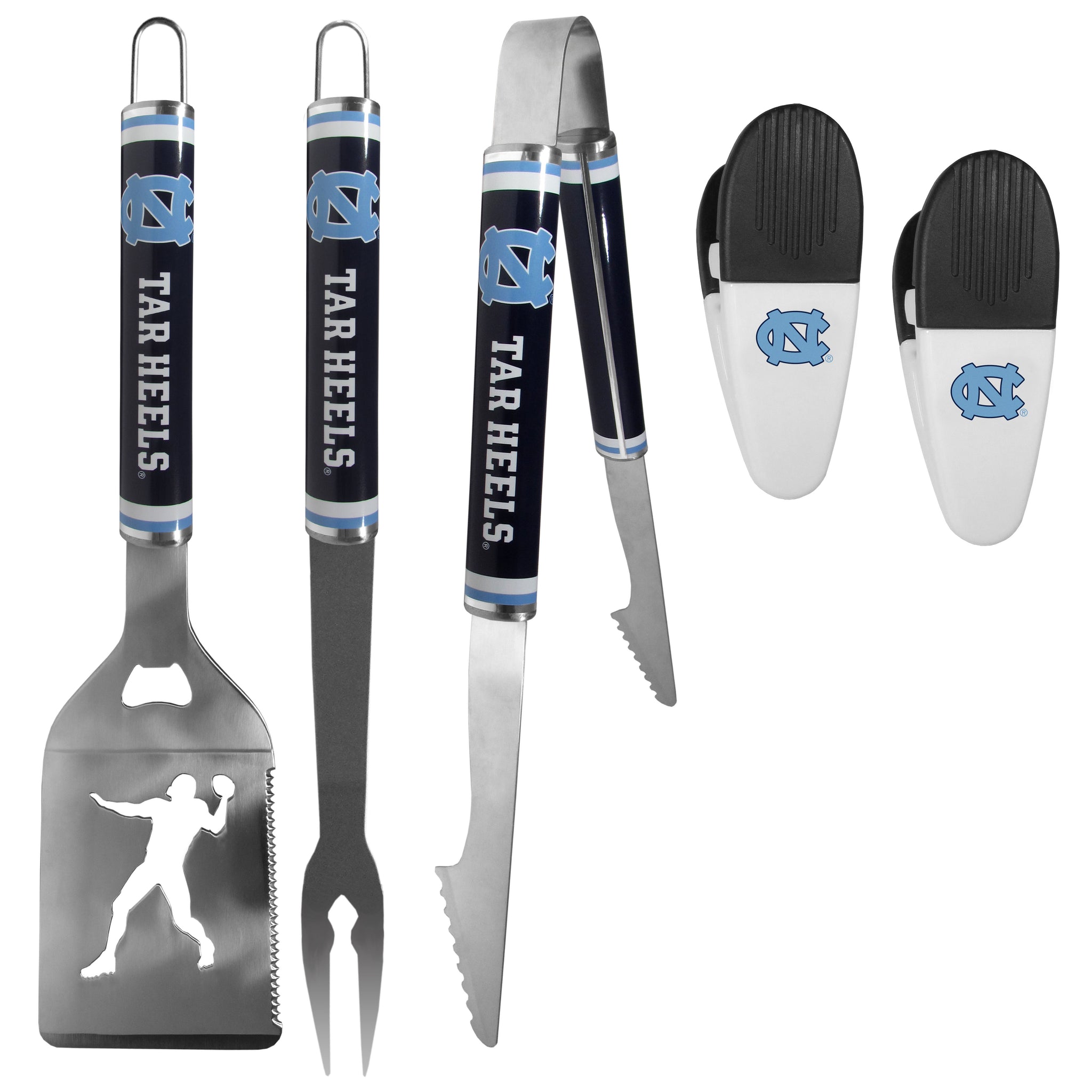 N. Carolina Tar Heels 3 pc Steel Logo BBQ Tools w/Chip Clips