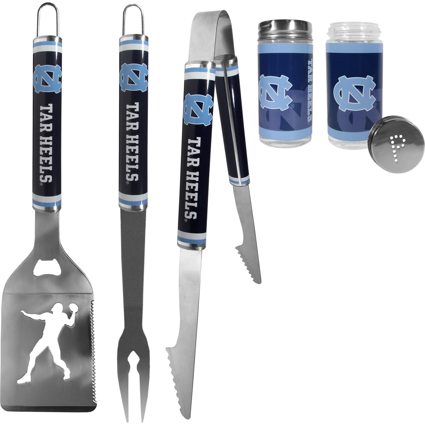 N. Carolina Tar Heels 3 pc Steel Logo BBQ Tools w/Shakers