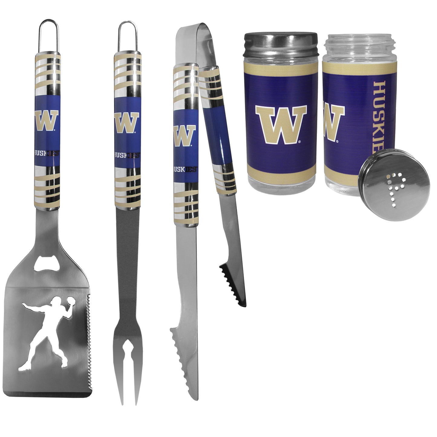Washington Huskies 3pc Tailgate BBQ Tools w/Shakers
