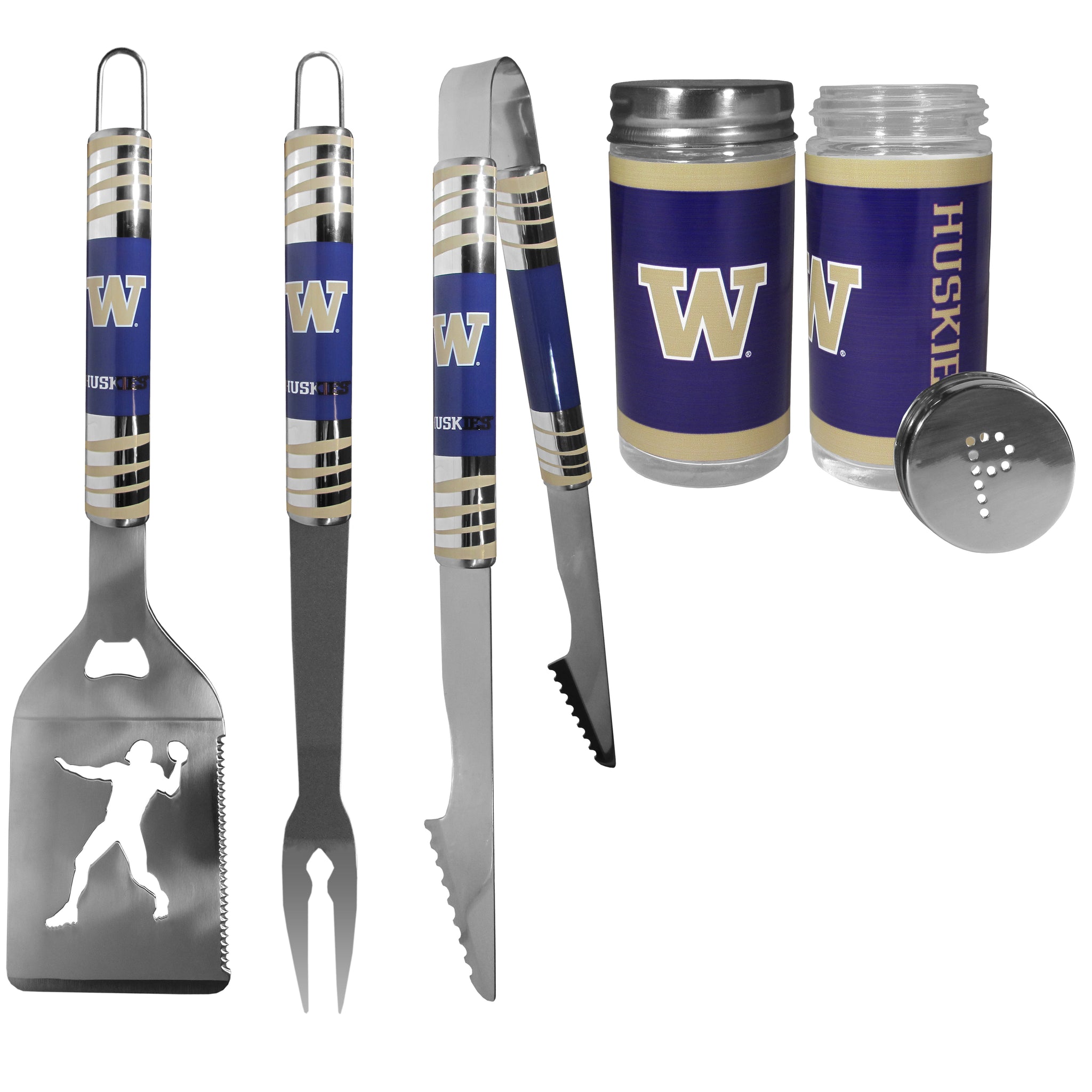 Washington Huskies 3pc Tailgate BBQ Tools w/Shakers