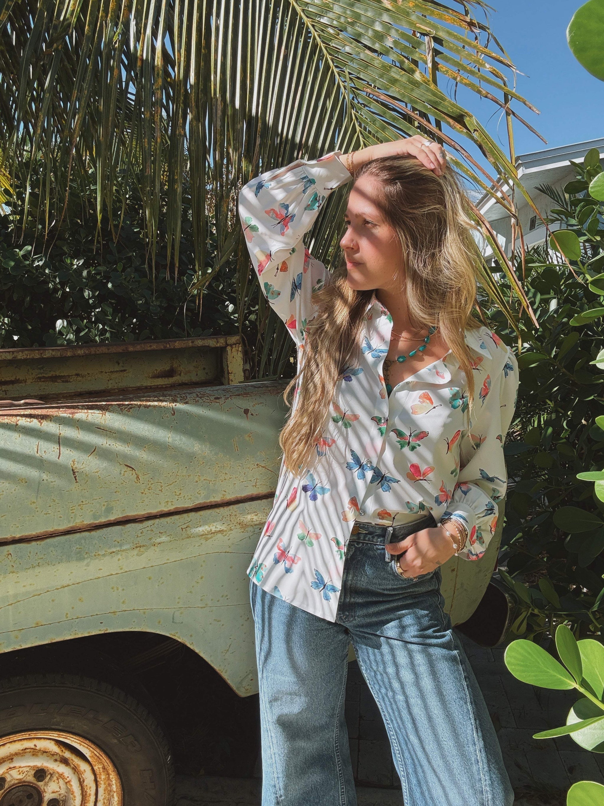 Eyes Without a Face Butterfly Button Up Blouse - Lil Bee's Bohemian - Flyclothing LLC