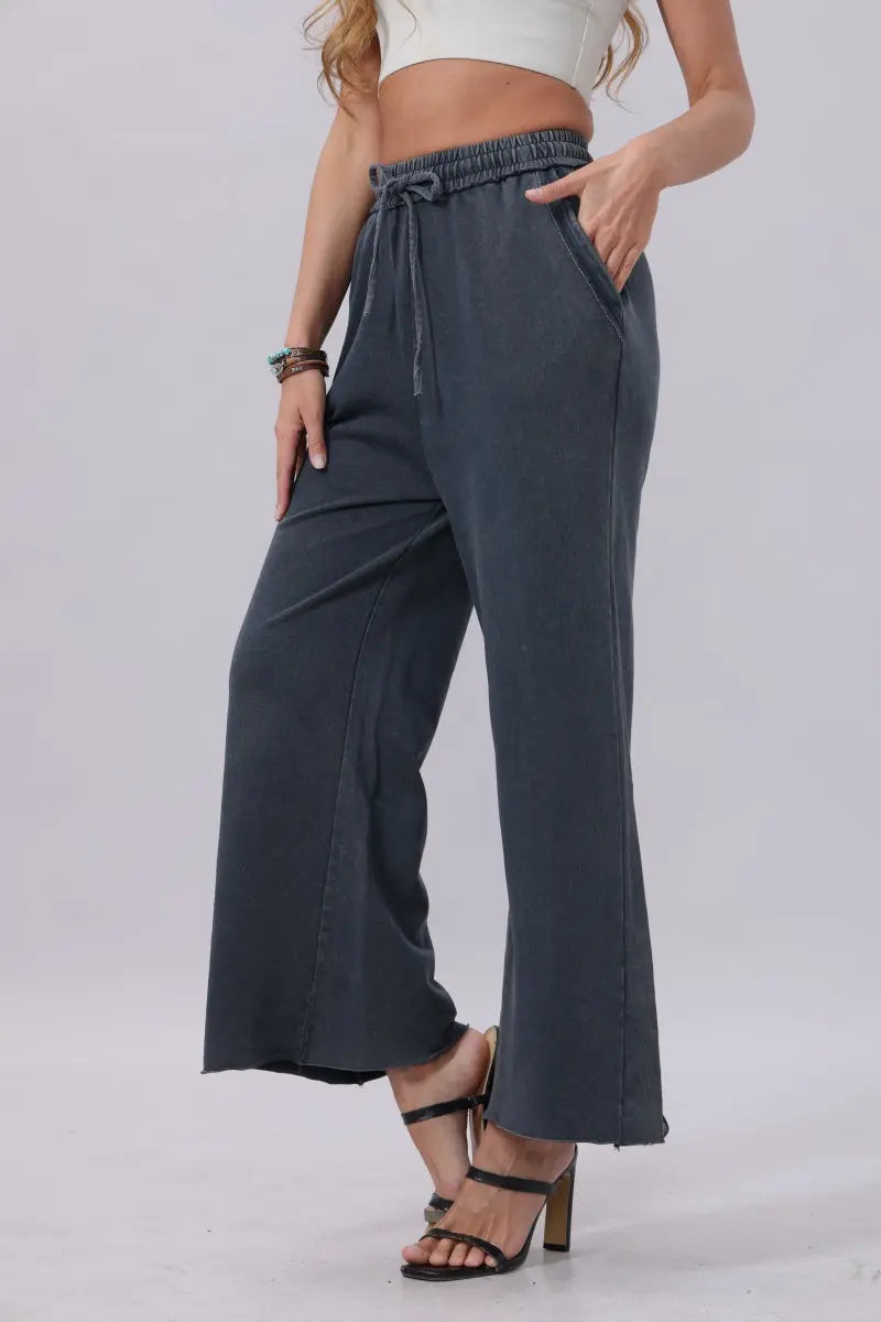 Acid Wash Wide-Leg Sweatpants – Relaxed Fit with Raw Hem - Boho Clothing and Accessories - Flyclothing LLC