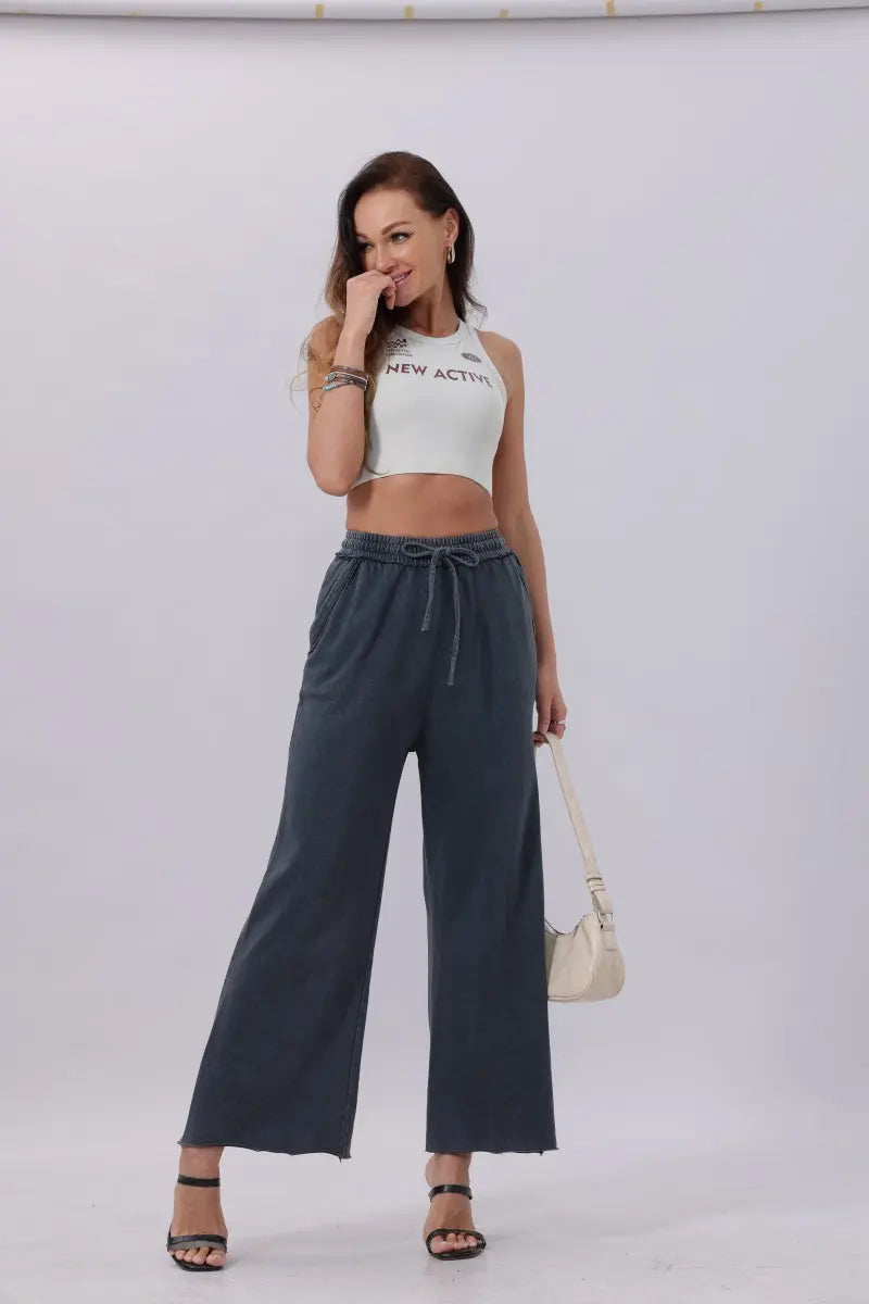 Acid Wash Wide-Leg Sweatpants – Relaxed Fit with Raw Hem - Boho Clothing and Accessories - Flyclothing LLC