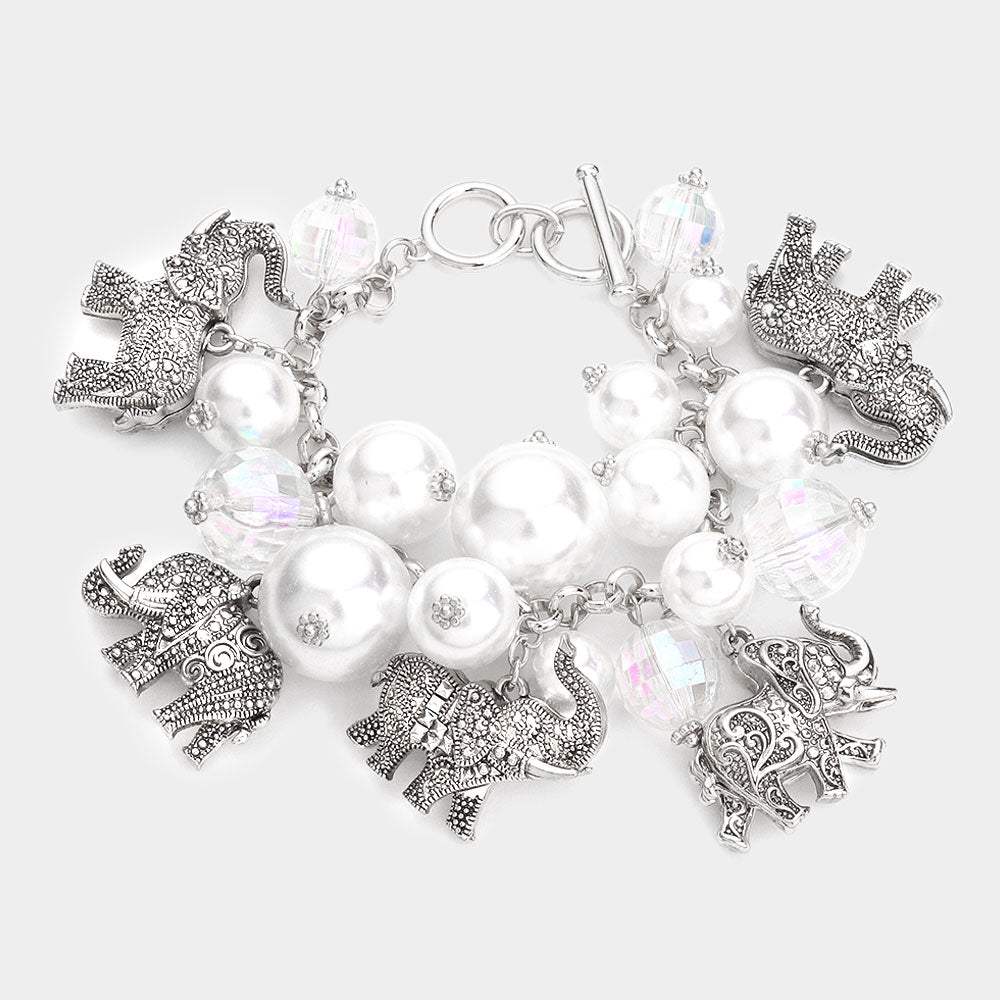 Metal Elephant Charm Station Pearl Cluster Toggle Bracelet - Madeline Love - Flyclothing LLC