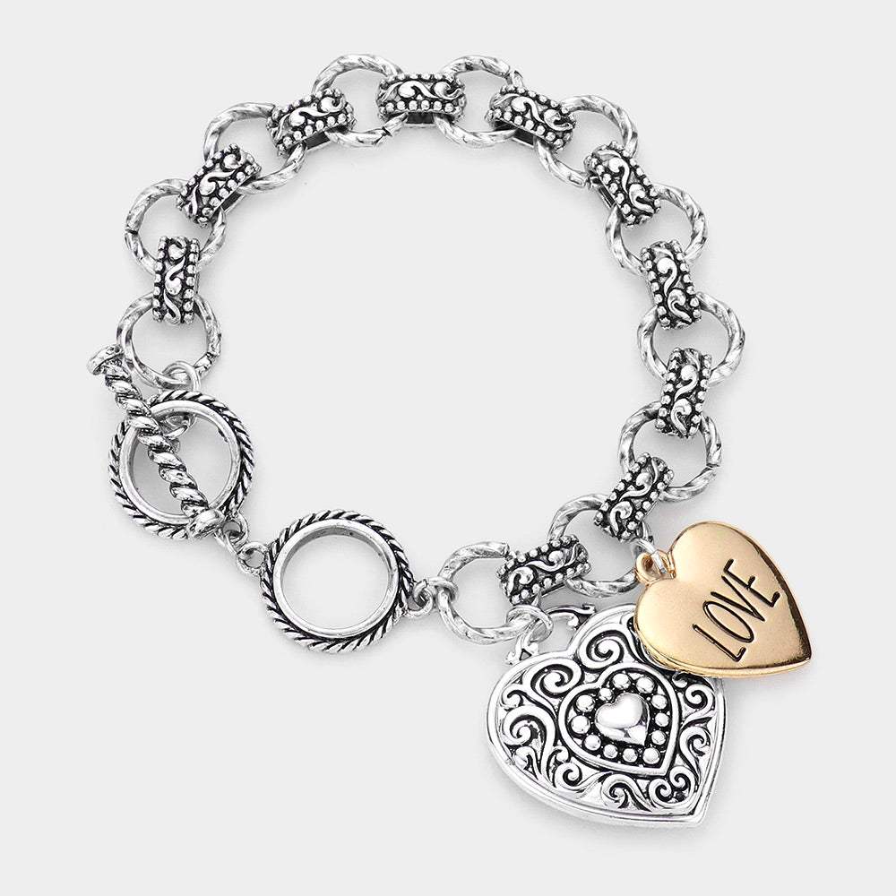 Antique Metal Heart Charm Toggle Bracelet - Madeline Love - Flyclothing LLC
