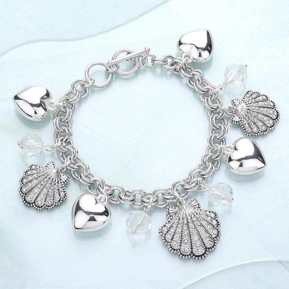 Rhinestone Embellished Shell Metal Heart Charm Station Toggle Bracelet - Madeline Love - Flyclothing LLC