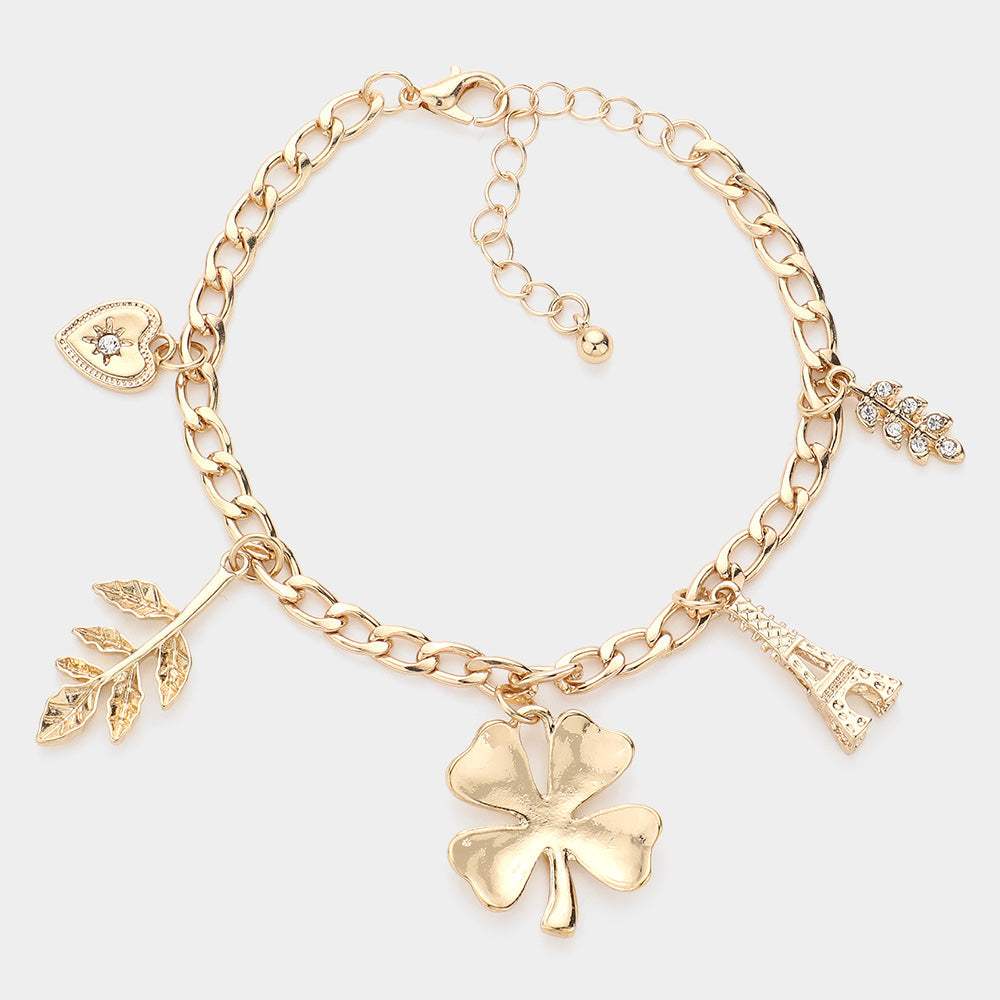 Heart Leaf Clover Eiffel Tower Charm Station Bracelet - Madeline Love - Flyclothing LLC