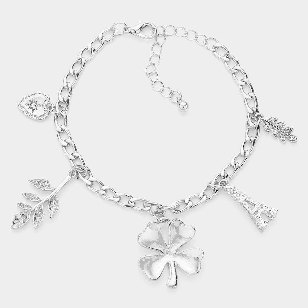Heart Leaf Clover Eiffel Tower Charm Station Bracelet - Madeline Love - Flyclothing LLC