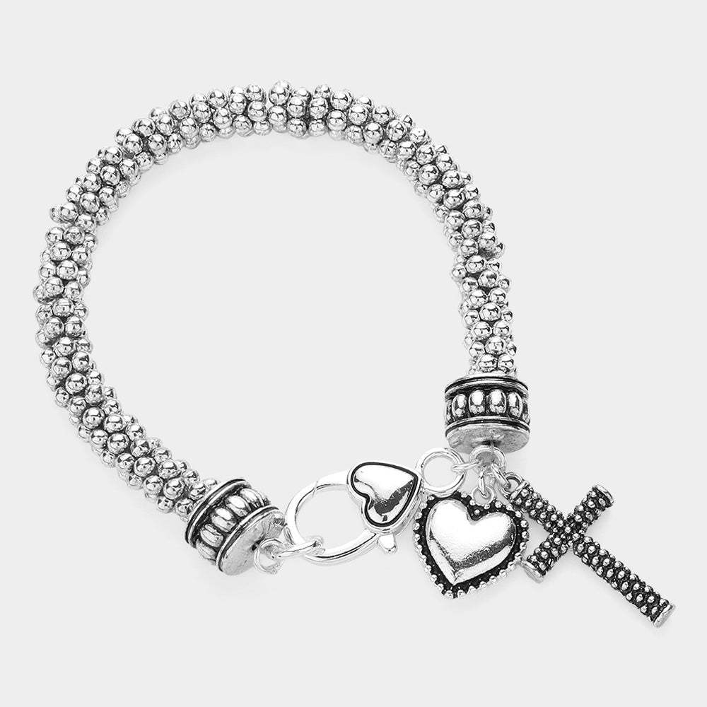 Antique Metal Heart Cross Charm Bracelet - Madeline Love - Flyclothing LLC