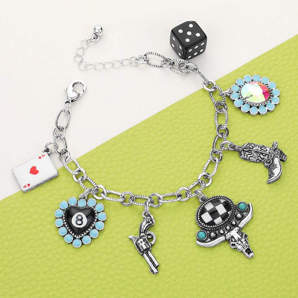 Ace Of Heart 8 Ball Billiard Heart Metal Gun Western Steer Head Boot Dice Charm Station Bracelet - Madeline Love - Flyclothing LLC