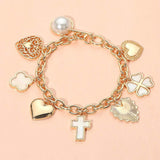 Metal Heart Pearl Clover Cross Charm Station Bracelet - Madeline Love - Flyclothing LLC