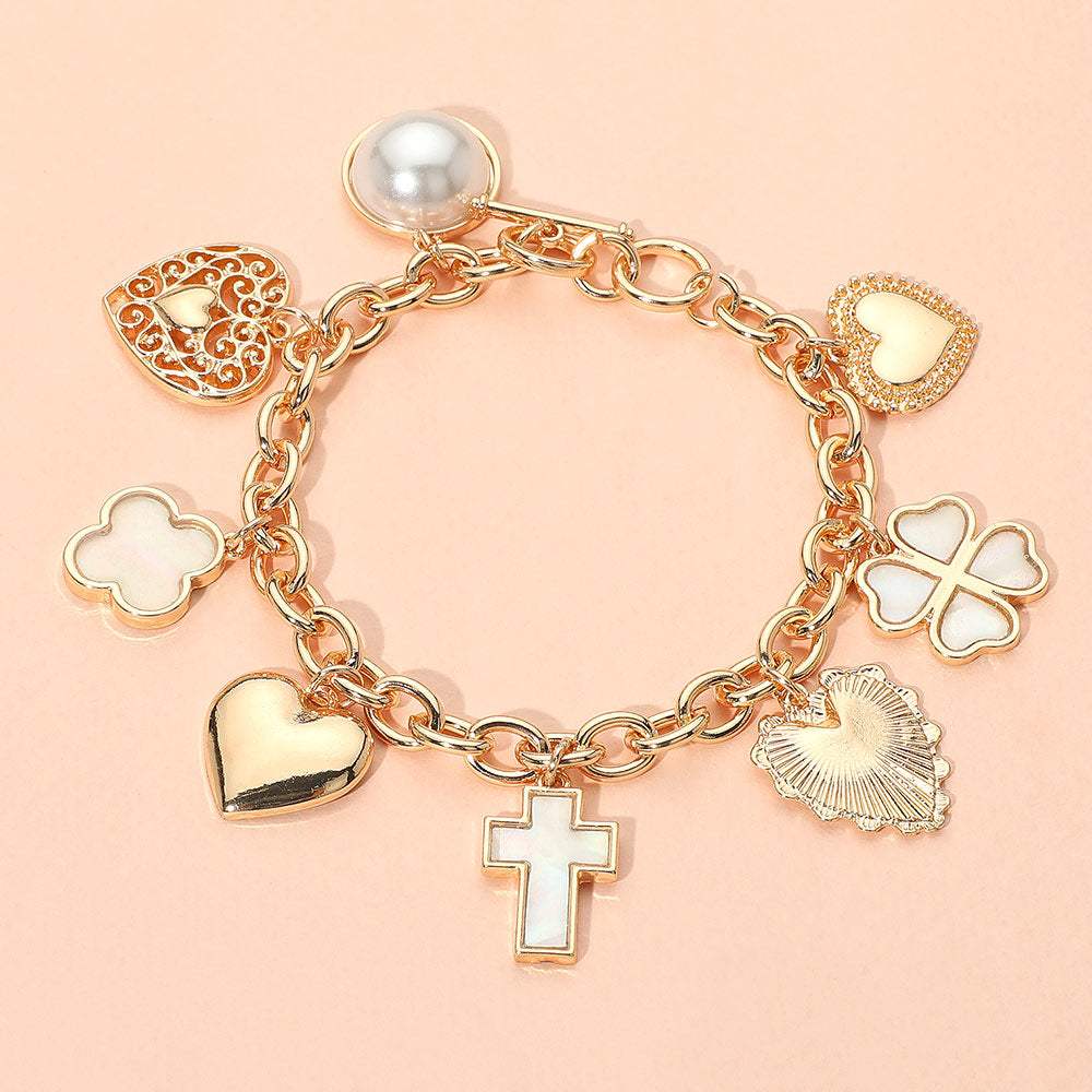 Metal Heart Pearl Clover Cross Charm Station Bracelet - Madeline Love - Flyclothing LLC