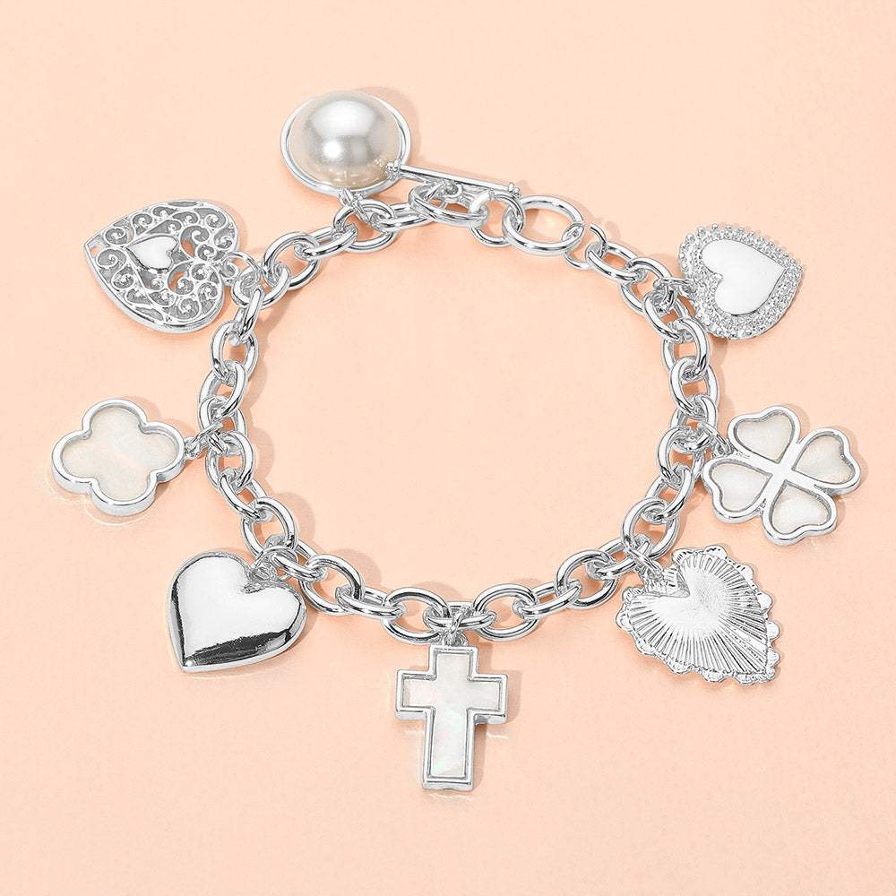 Metal Heart Pearl Clover Cross Charm Station Bracelet - Madeline Love - Flyclothing LLC