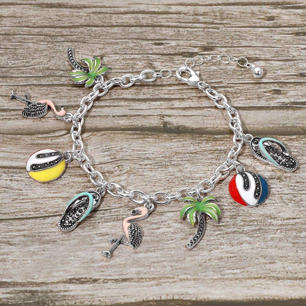 Fun Tropical Palm Tree Flamingo Flip Flop Beach Ball Charm Station Bracelet - Madeline Love - Flyclothing LLC