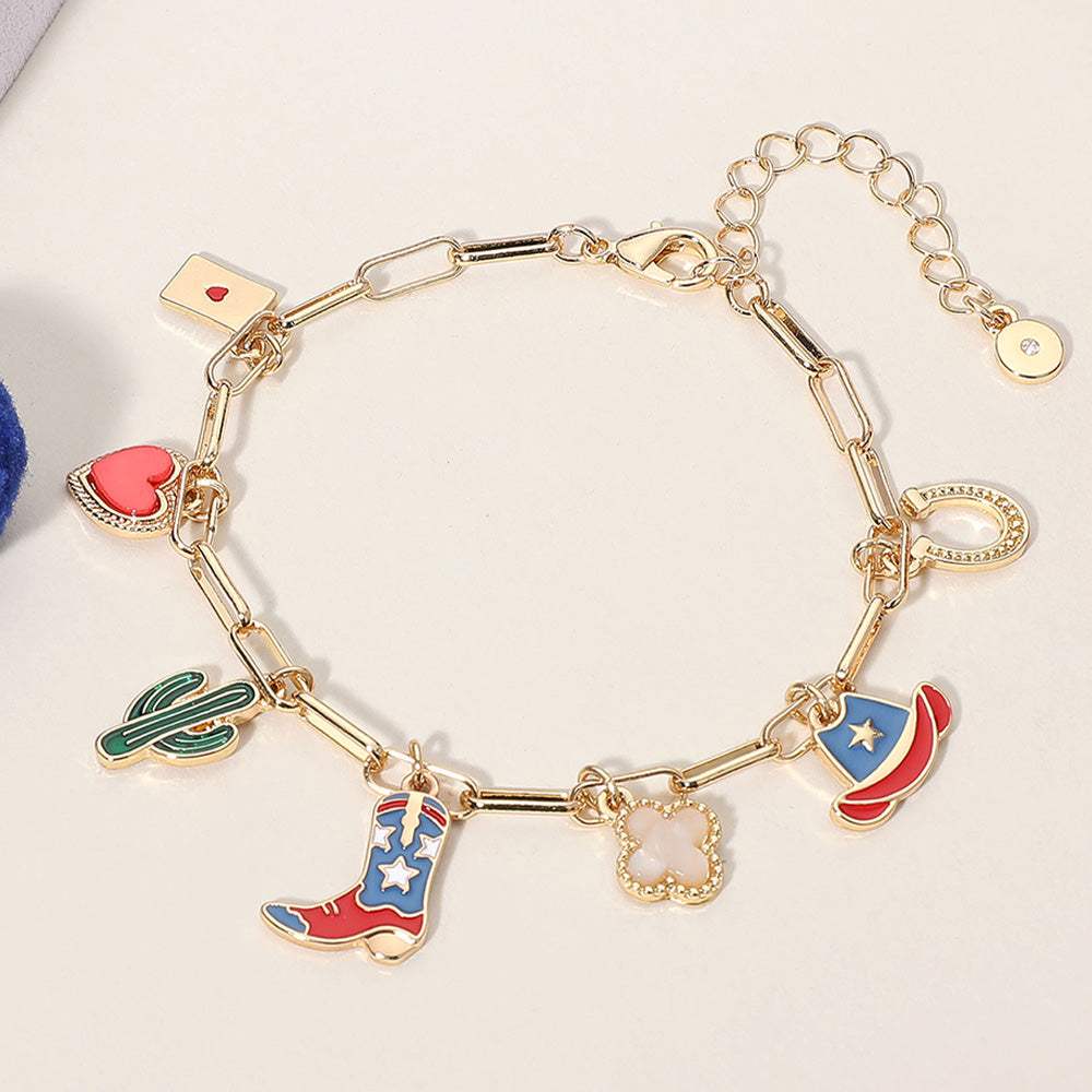 Enamel American USA Flag Western Cowboy Boot Hat cactus Heart Horseshoe Quatrefoil Charm Station Bracelet - Madeline Love - Flyclothing LLC