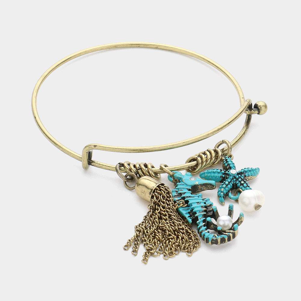 Metal Chain Tassel & Seahorse Starfish Pearl Charm Hook Bracelet - Madeline Love - Flyclothing LLC