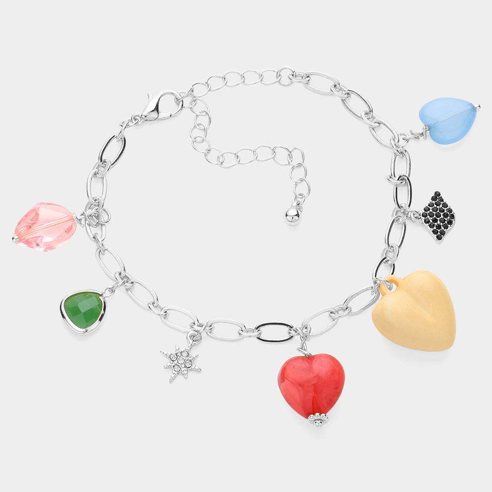 Heart Bead Rhinestone Embellished North Star Charm Station Bracelet - Madeline Love - Flyclothing LLC