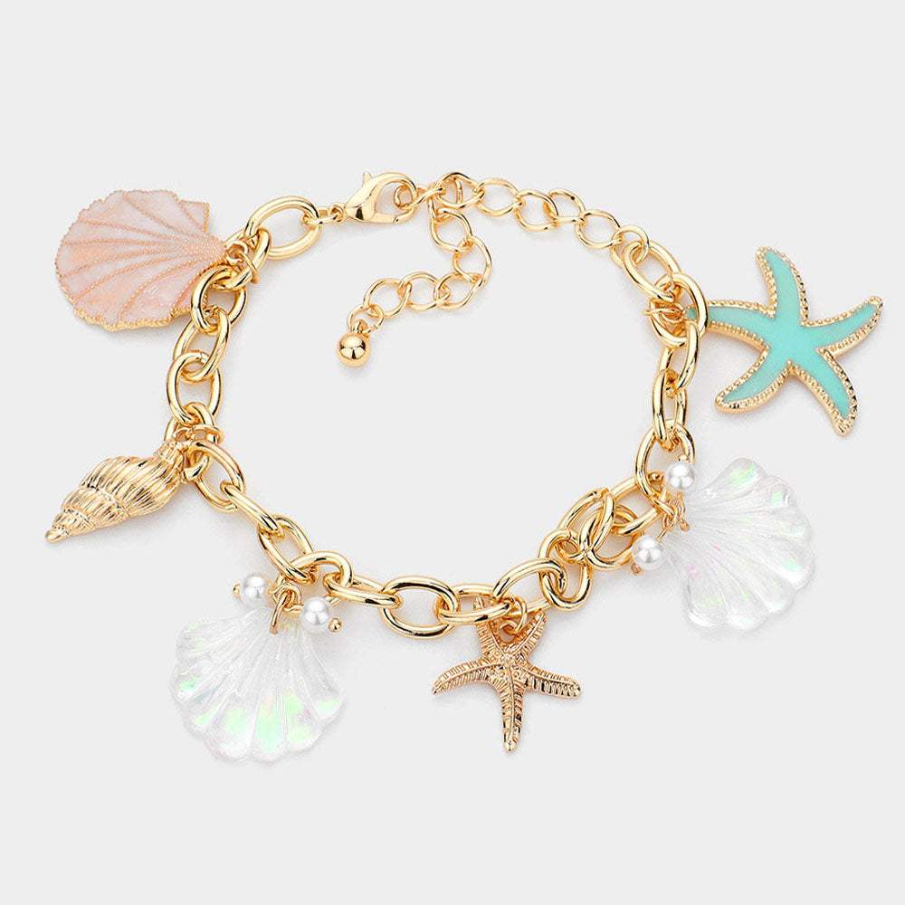 Shell Conch Starfish Pearl Charm Station Bracelet - Madeline Love - Flyclothing LLC