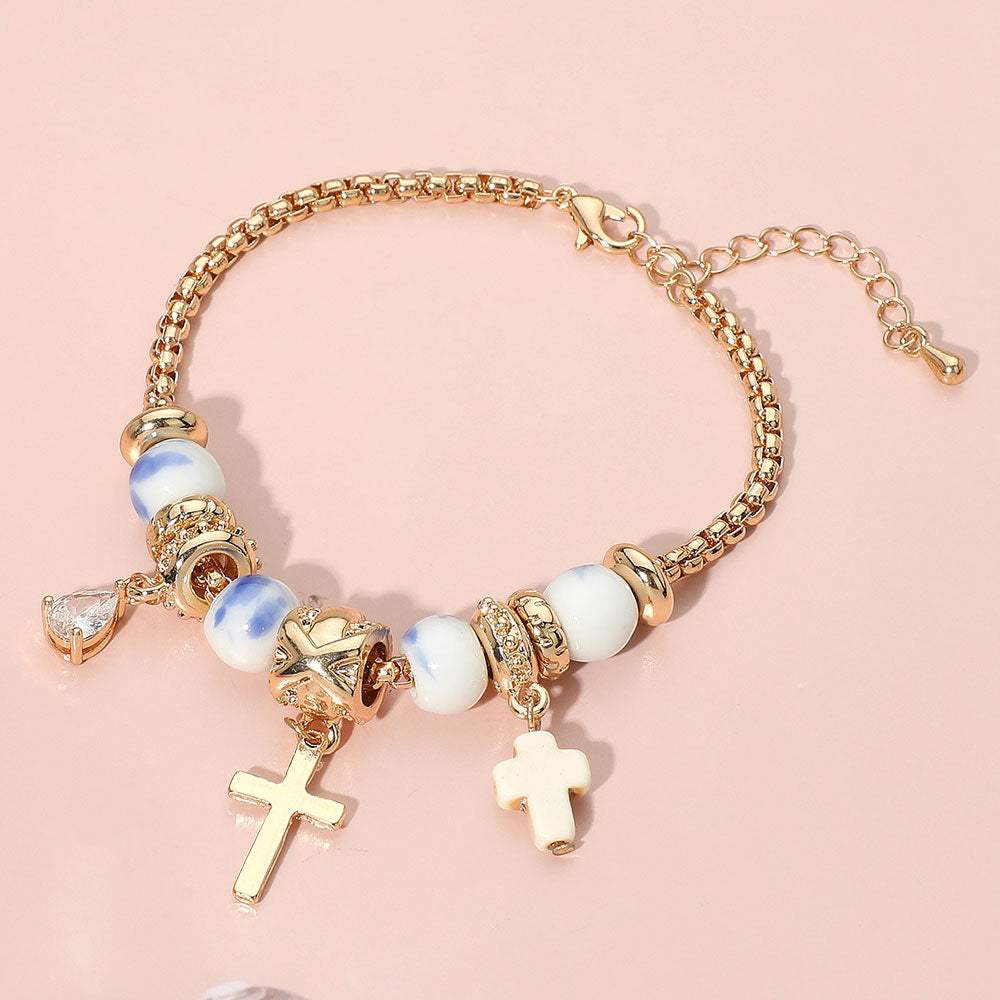 Cross Teardrop Stone Beads Accented Charm Bracelet - Madeline Love - Flyclothing LLC