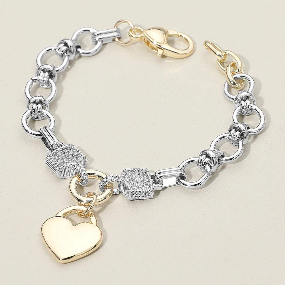 14K Gold Plated Heart Charm Two Tone CZ Stone Paved Accent Link Bracelet - Madeline Love - Flyclothing LLC