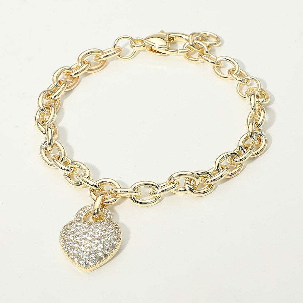 14K Gold Plated CZ Pave Heart Charm Chunky Chain Bracelet - Madeline Love - Flyclothing LLC