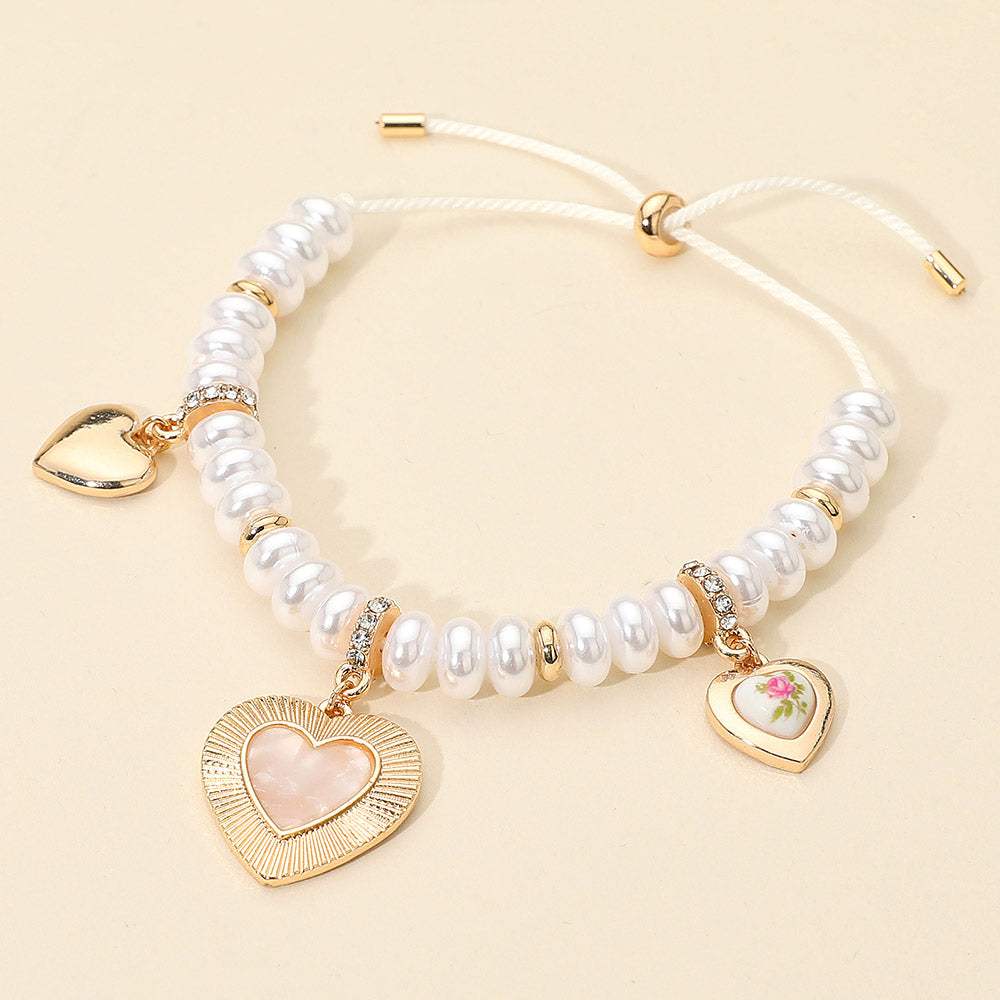 Multi Heart Charm Station Pearl Beaded Adjustable Bracelet - Madeline Love - Flyclothing LLC