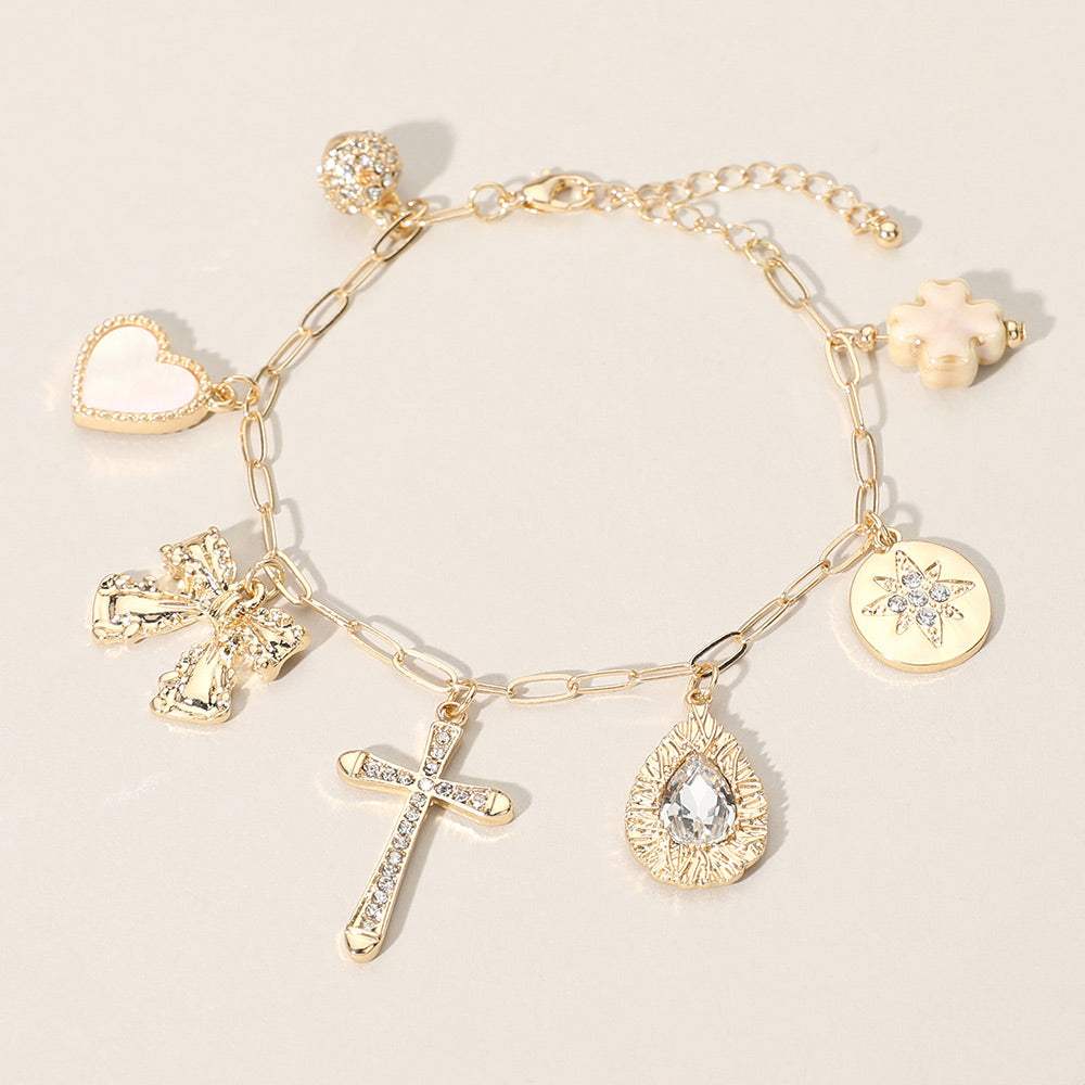 Stone Paved Cross Ball Teardrop Stone Bow Mother of Pearl Heart Glazed Clover Charm Station Paperclip Chain Bracelet - Madeline Love - Flyclothing LLC